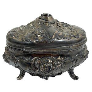 B&W Co Benedict Weiss Art Nouveau Pewter Trinket Box Jewelry Casket Ladys Face